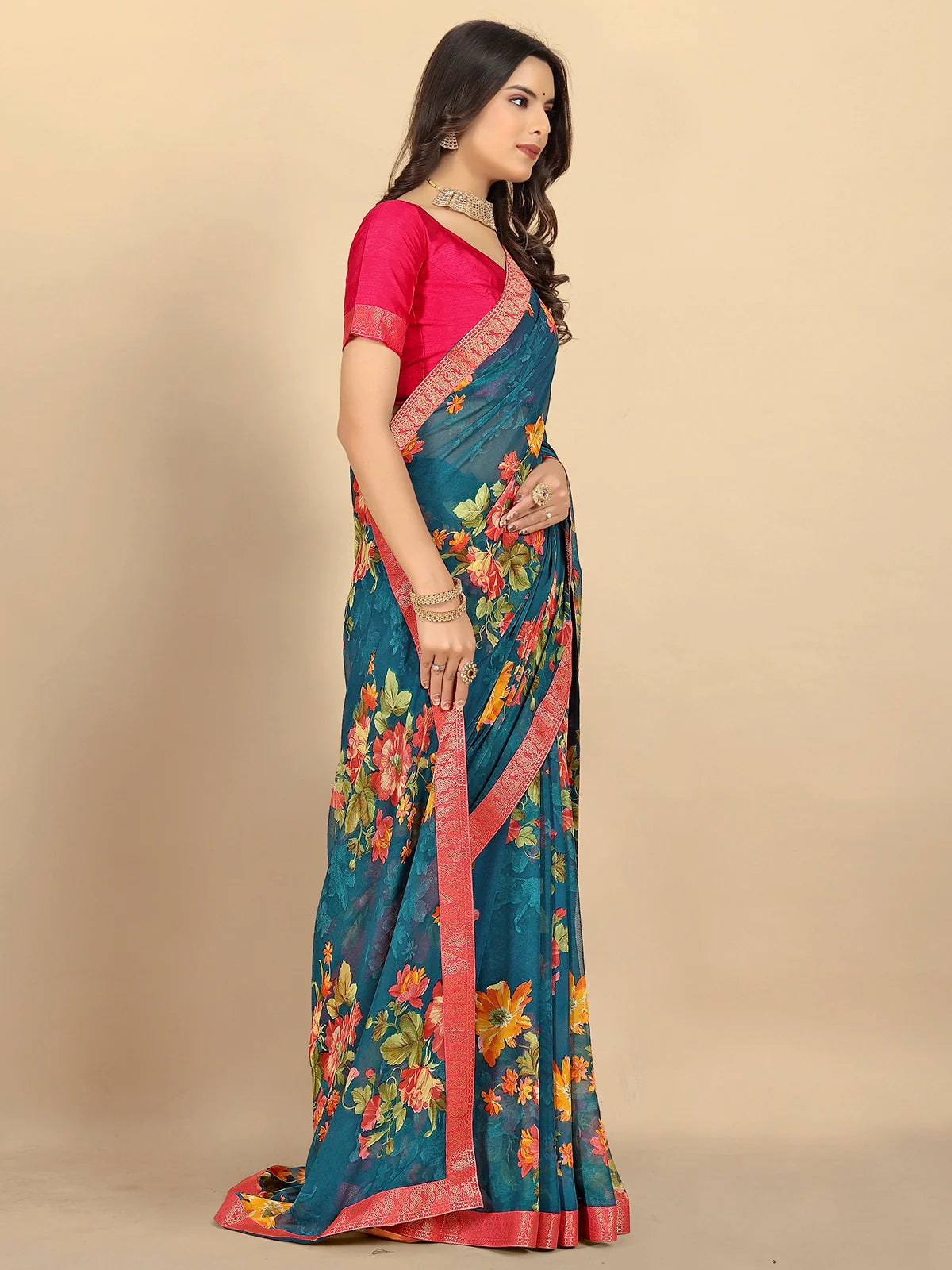 Buy Floral Printed Georgette Saree With Blouse Piece-Teal