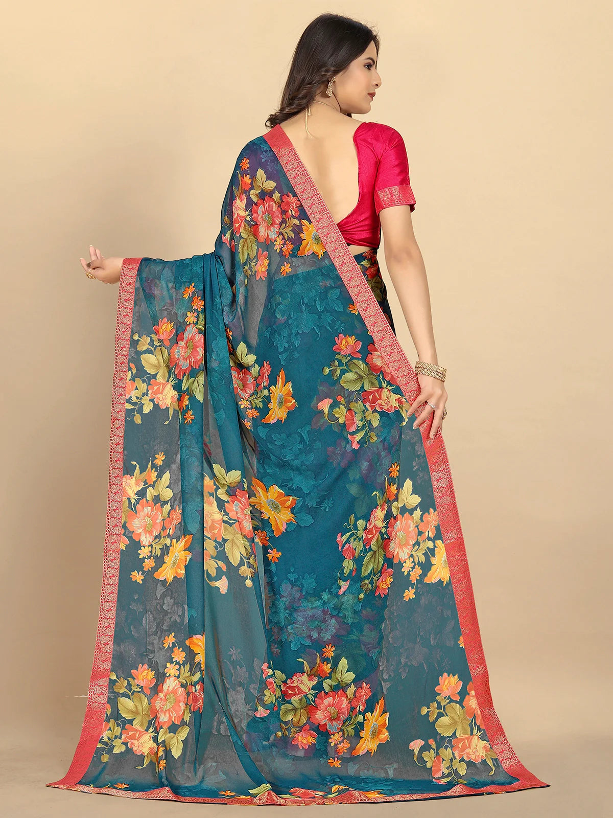 Buy Floral Printed Georgette Saree With Blouse Piece-Teal