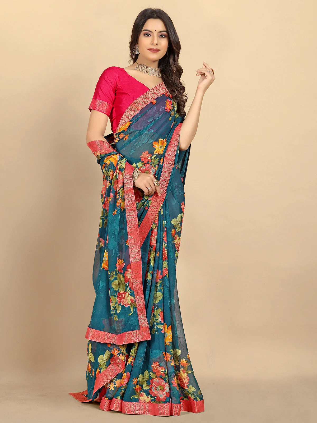 Buy Floral Printed Georgette Saree With Blouse Piece-Teal