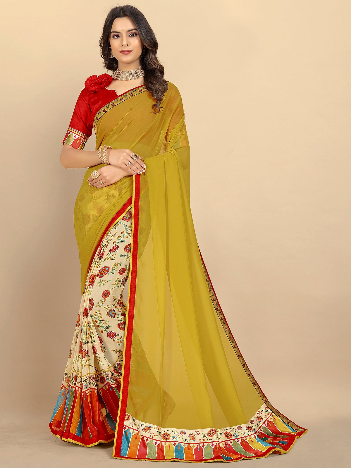 Buy Half & Half Printed Georgette Saree With Blouse Piece-Yellow