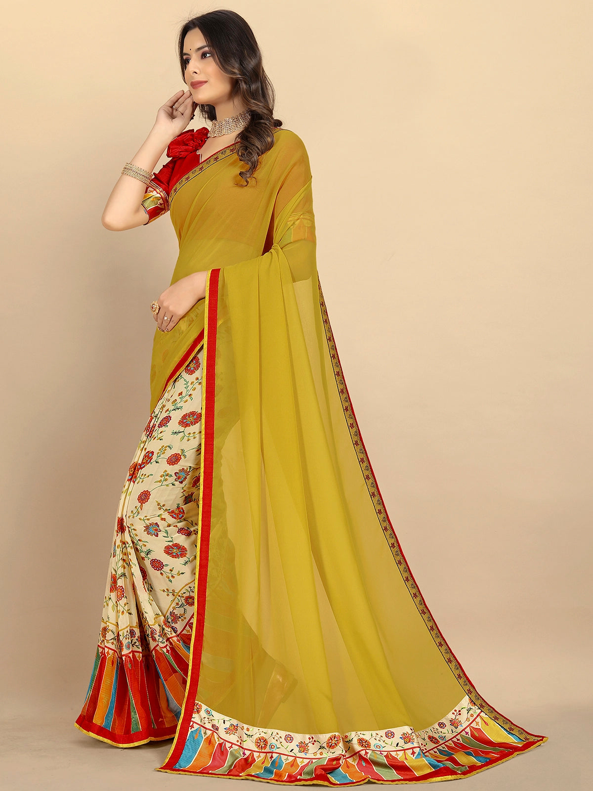 Buy Half & Half Printed Georgette Saree With Blouse Piece-Yellow