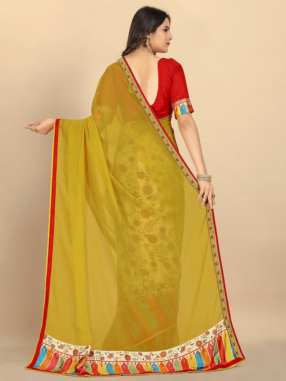 Buy Half & Half Printed Georgette Saree With Blouse Piece-Yellow