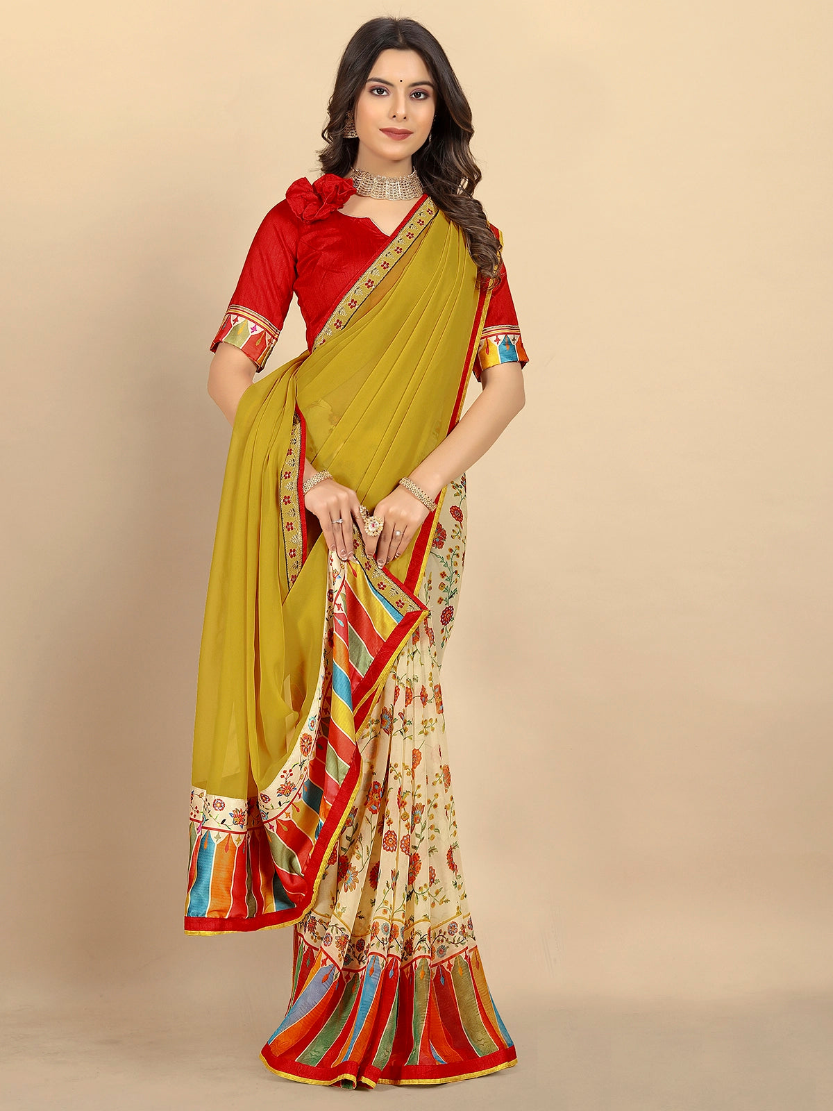 Buy Half & Half Printed Georgette Saree With Blouse Piece-Yellow