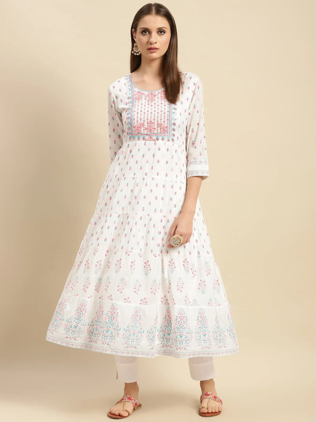 Buy Cotton Textured Yoke Embroidered Printed Calf Length Anarkali Kurta-Off White