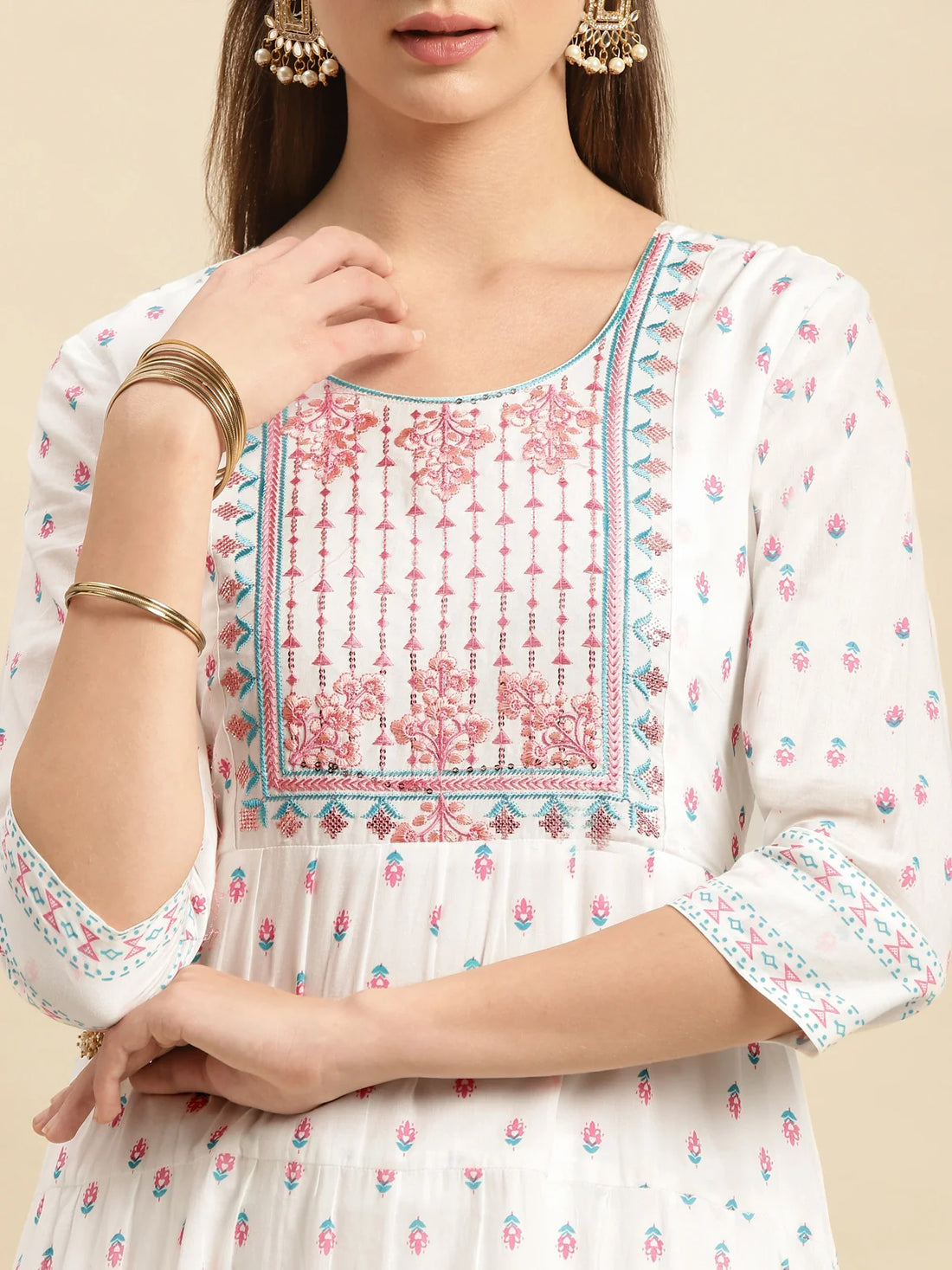 Buy Cotton Textured Yoke Embroidered Printed Calf Length Anarkali Kurta-Off White