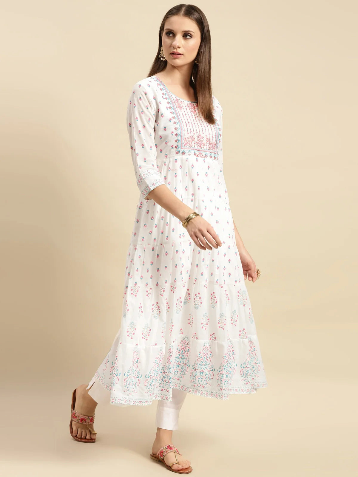 Buy Cotton Textured Yoke Embroidered Printed Calf Length Anarkali Kurta-Off White