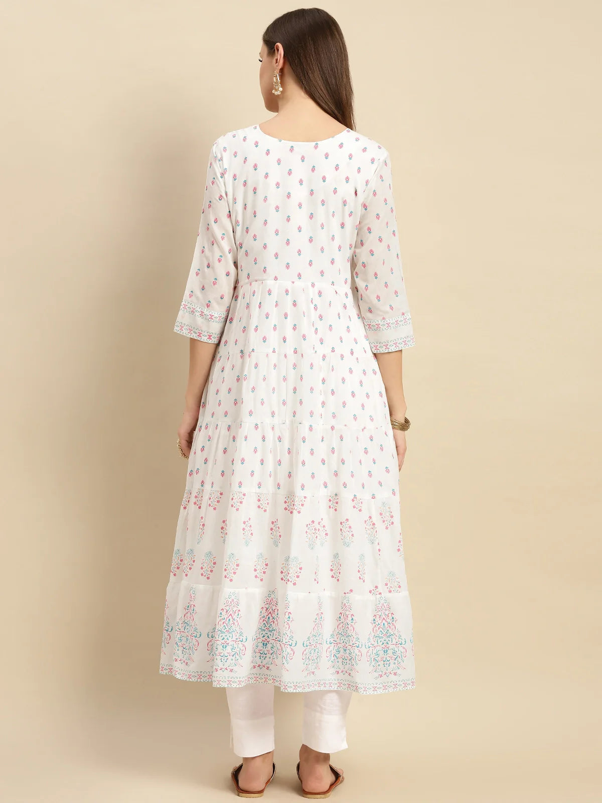 Buy Cotton Textured Yoke Embroidered Printed Calf Length Anarkali Kurta-Off White