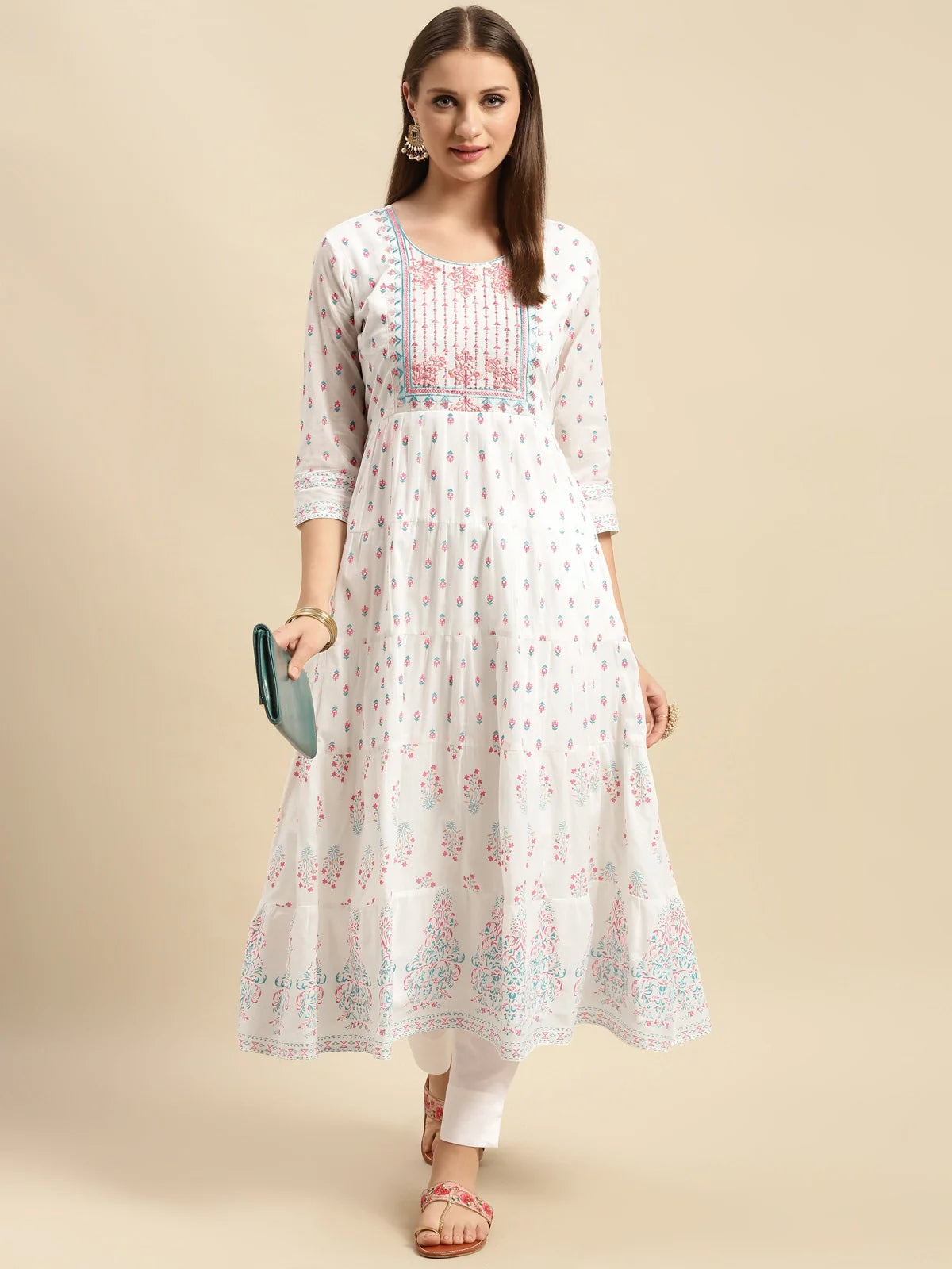 Buy Cotton Textured Yoke Embroidered Printed Calf Length Anarkali Kurta-Off White