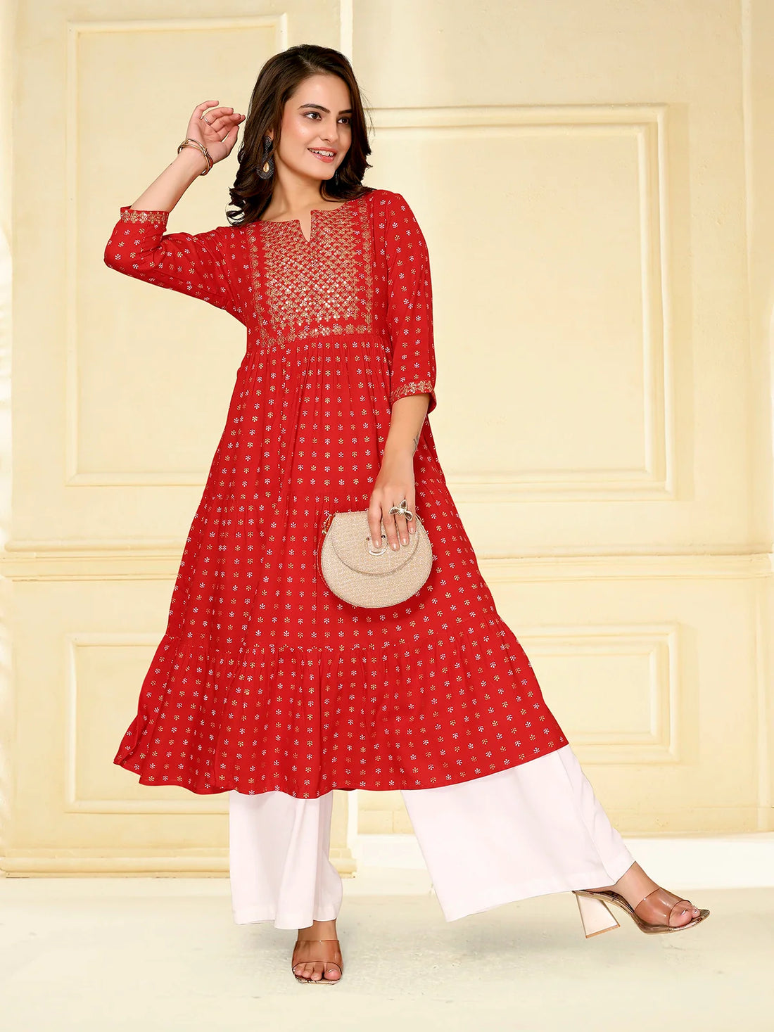 Buy Rayon Embroidered Calf Length Tiered Flared Kurta-Red