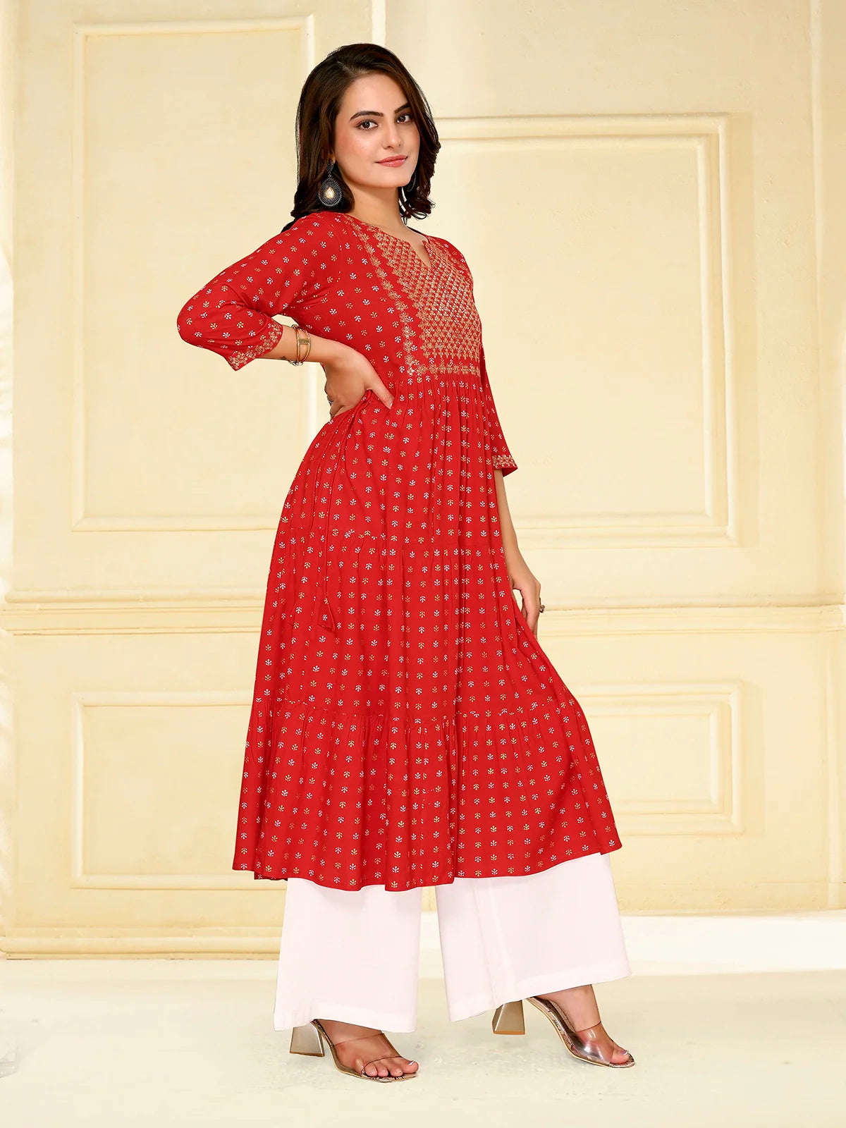 Buy Rayon Embroidered Calf Length Tiered Flared Kurta-Red