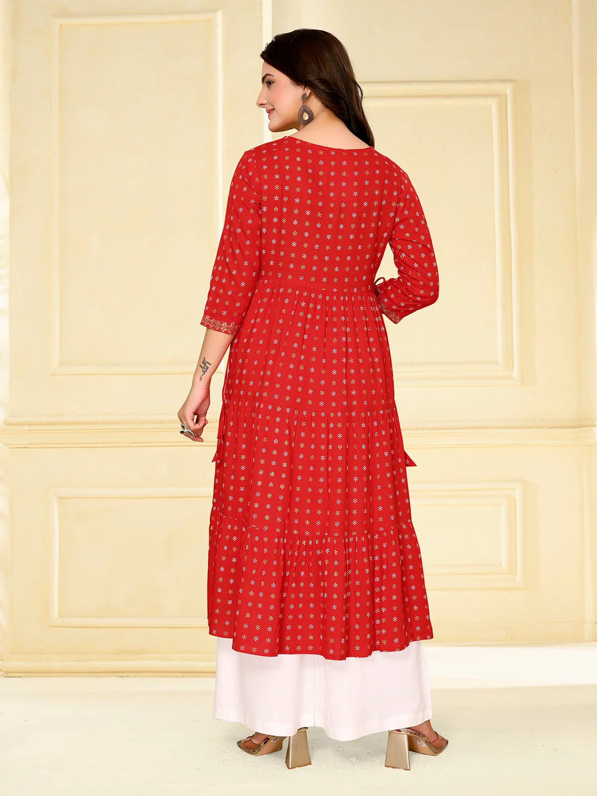 Buy Rayon Embroidered Calf Length Tiered Flared Kurta-Red