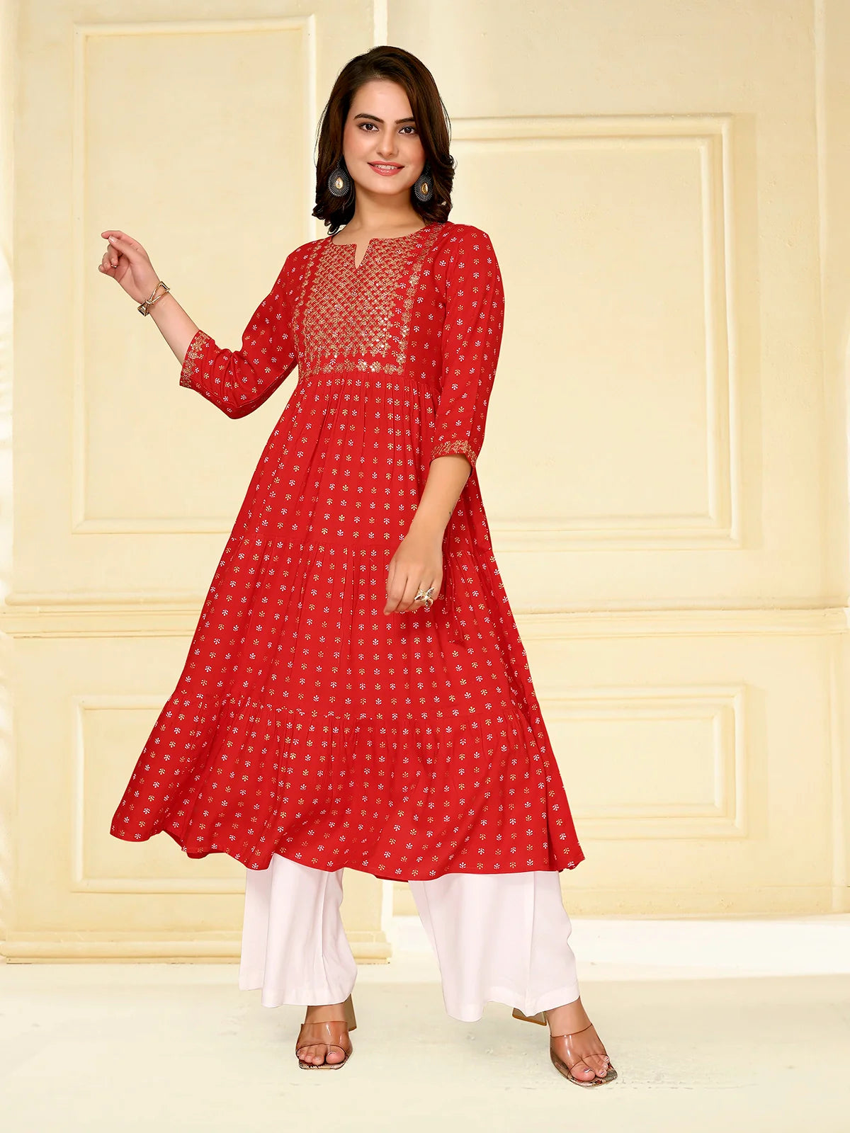 Buy Rayon Embroidered Calf Length Tiered Flared Kurta-Red