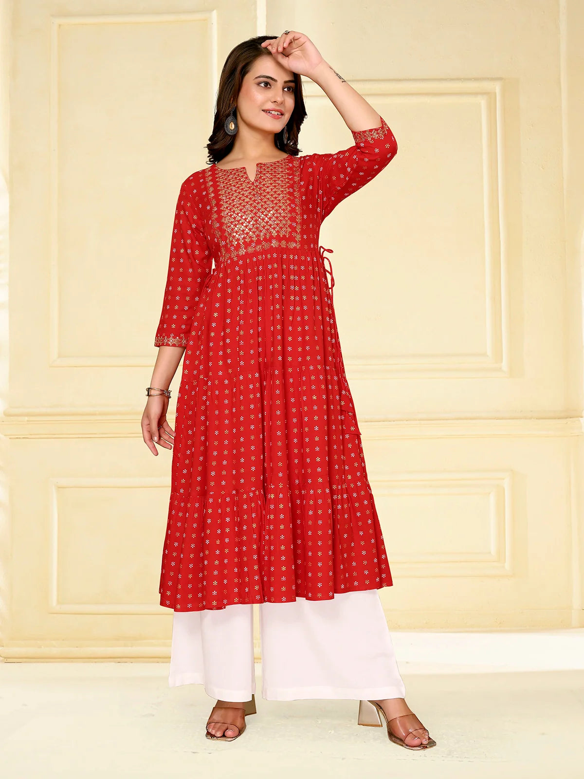 Buy Rayon Embroidered Calf Length Tiered Flared Kurta-Red