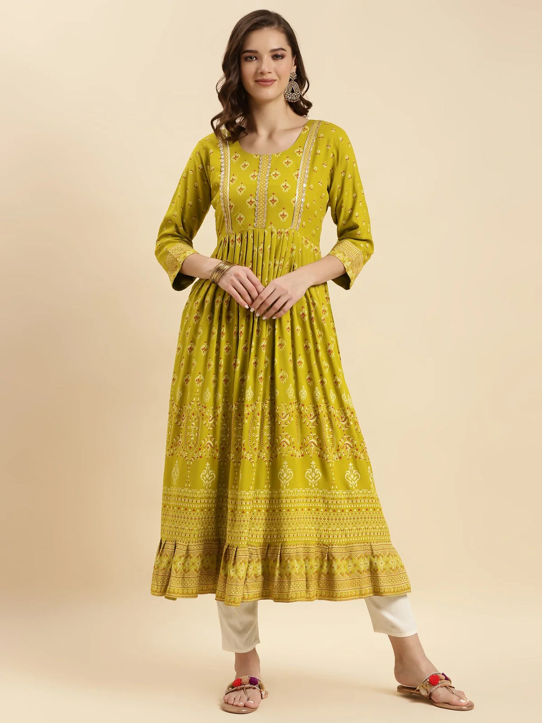 Buy Rayon Embellished Calf Length Anarkali Kurta-Lime Green