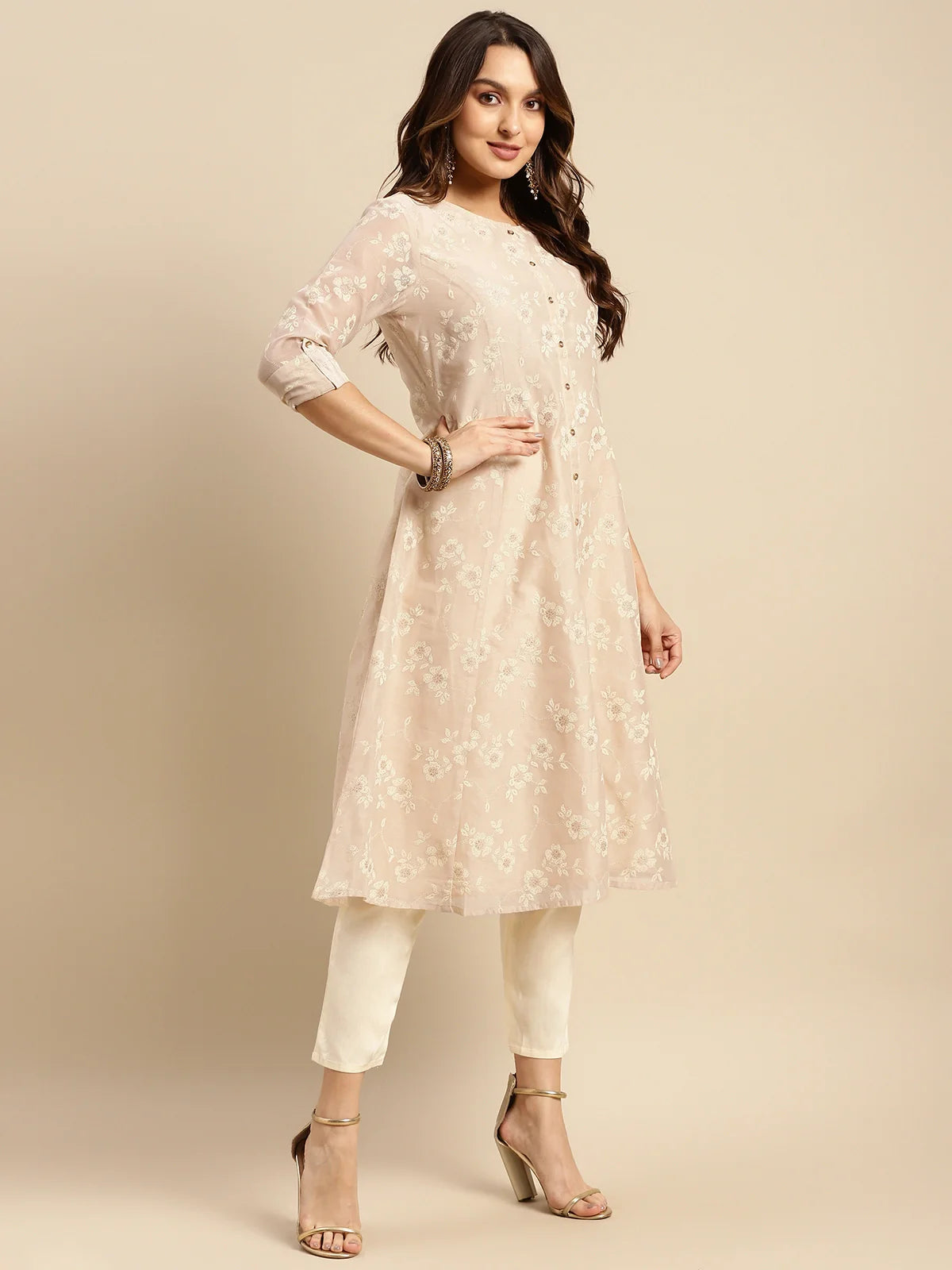 Buy Chanderi Gold Puff Printed Calf Length Kalidar Kurta-Beige