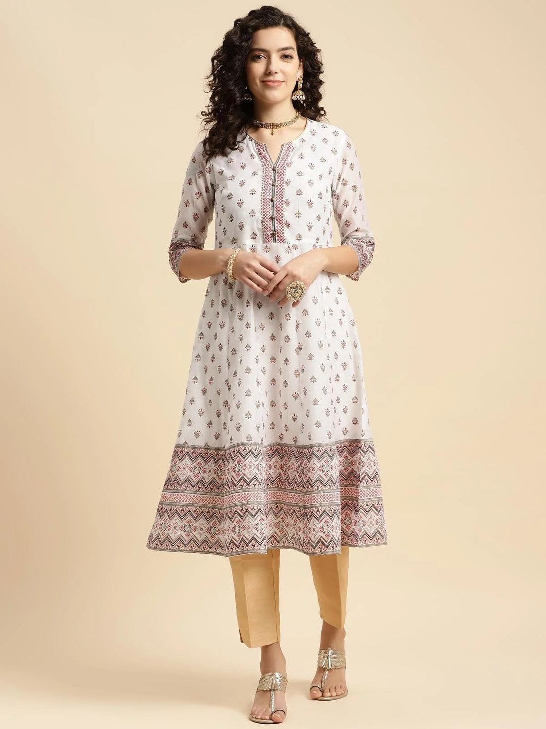 Buy Poly Chanderi Ethnic Printed Calf Length Flared Kurta-Off White