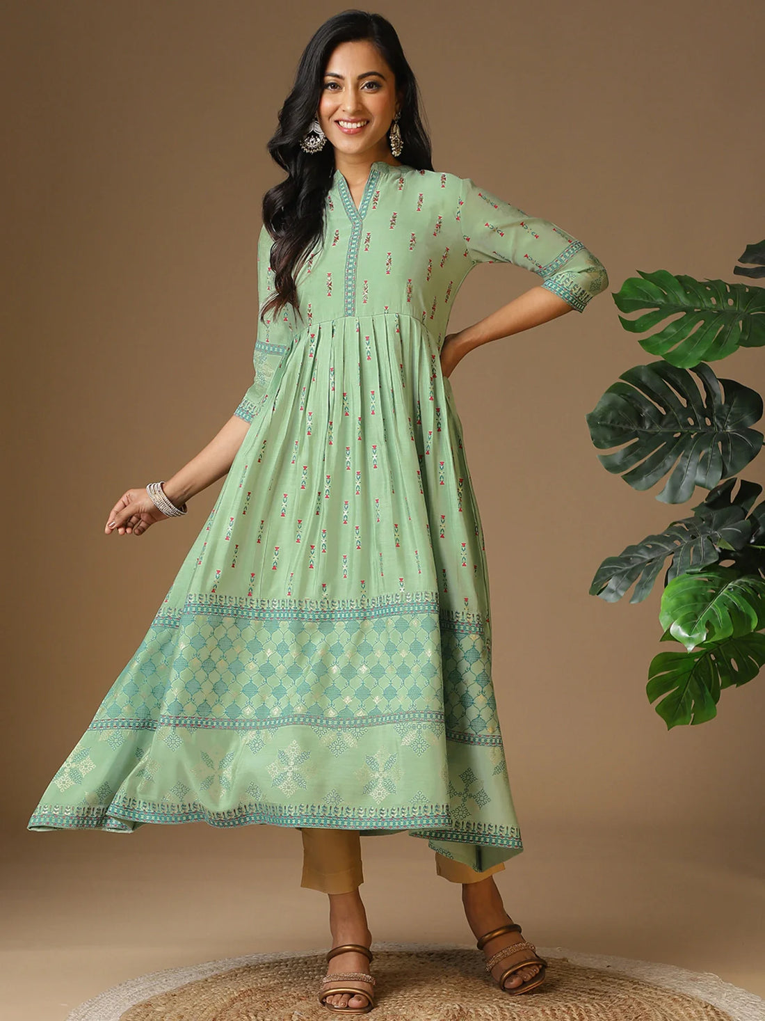 Buy Yoke Embroidered Ethnic Printed Ankle Length Anarkali Kurta-Olive