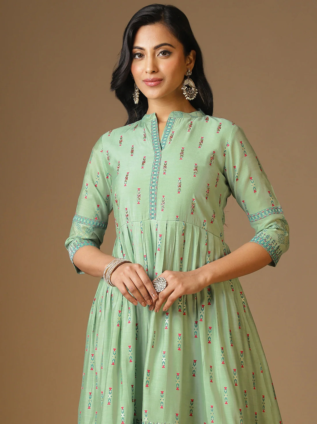 Buy Yoke Embroidered Ethnic Printed Ankle Length Anarkali Kurta-Olive