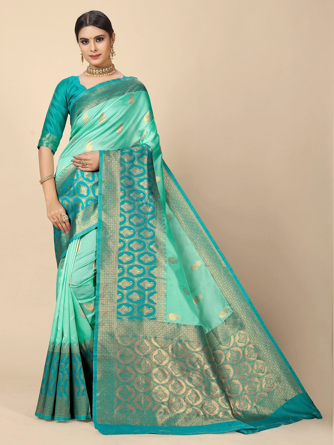 Buy Banarasi Silk Jacquard Saree With Blouse Piece-Mint Green