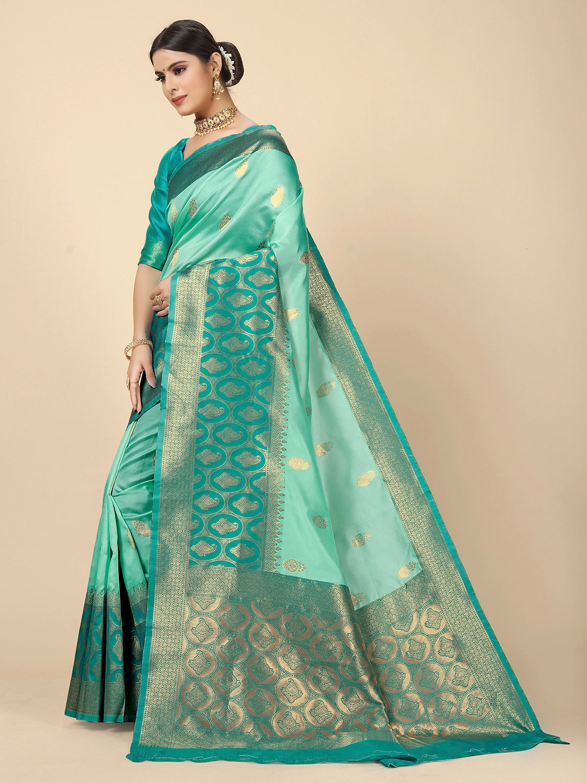 Buy Banarasi Silk Jacquard Saree With Blouse Piece-Mint Green