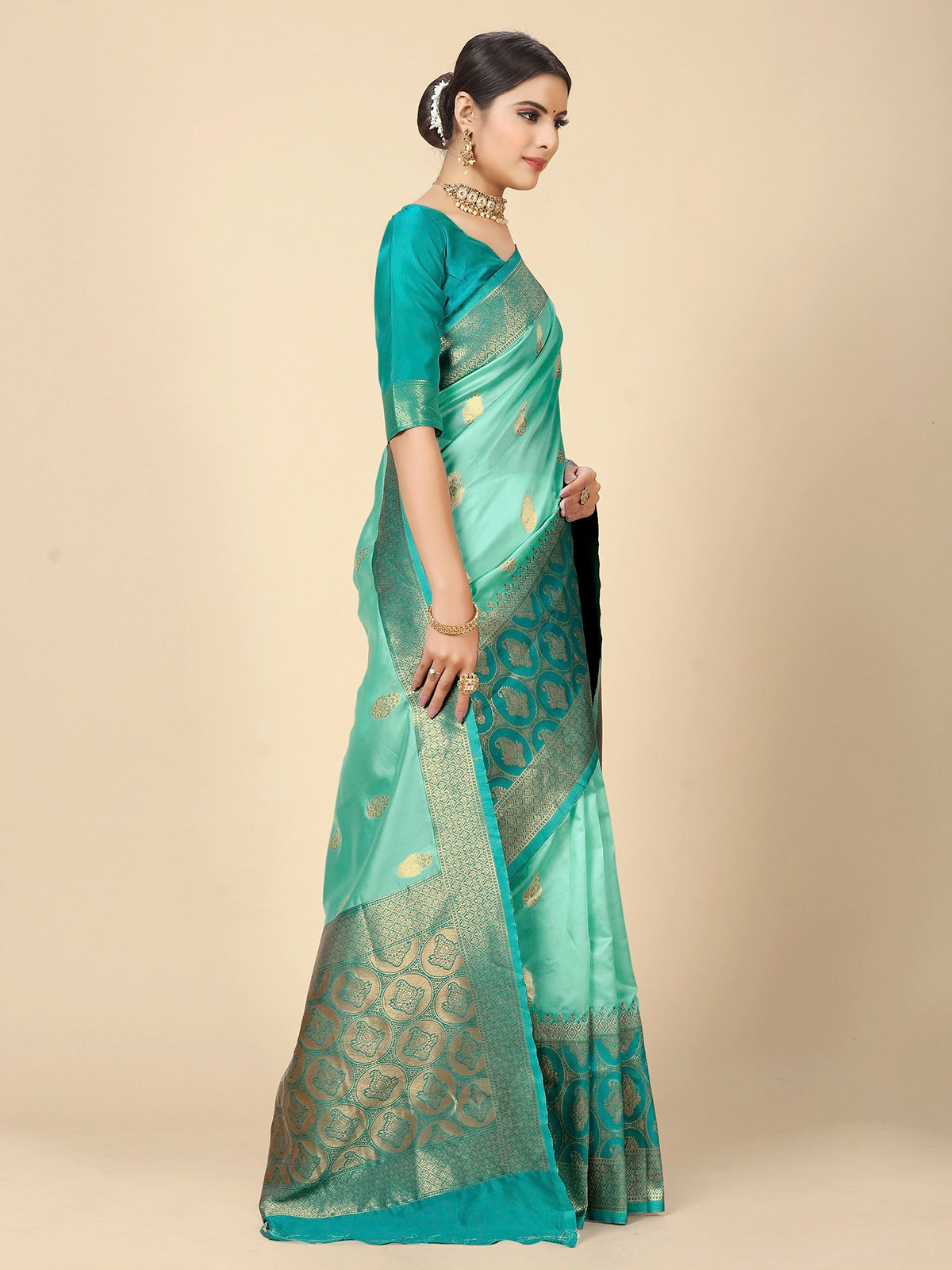 Buy Banarasi Silk Jacquard Saree With Blouse Piece-Mint Green