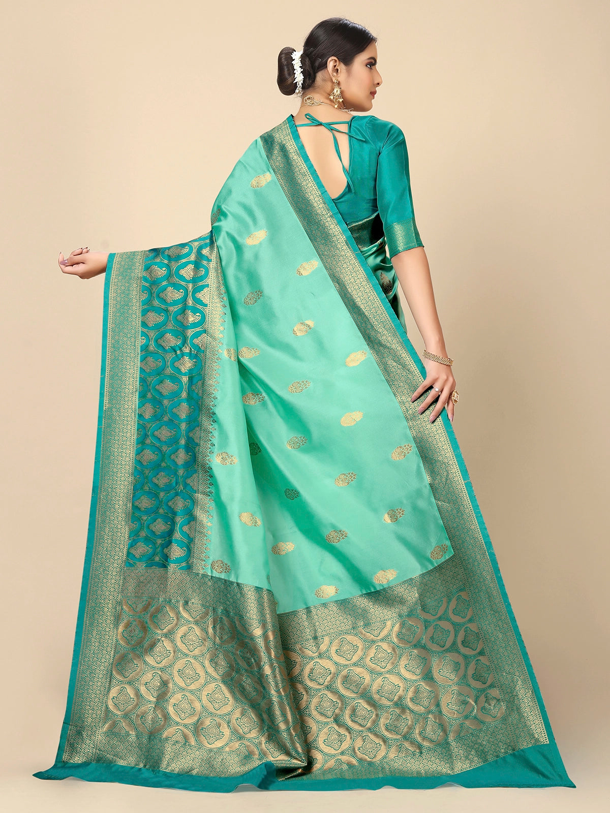 Buy Banarasi Silk Jacquard Saree With Blouse Piece-Mint Green