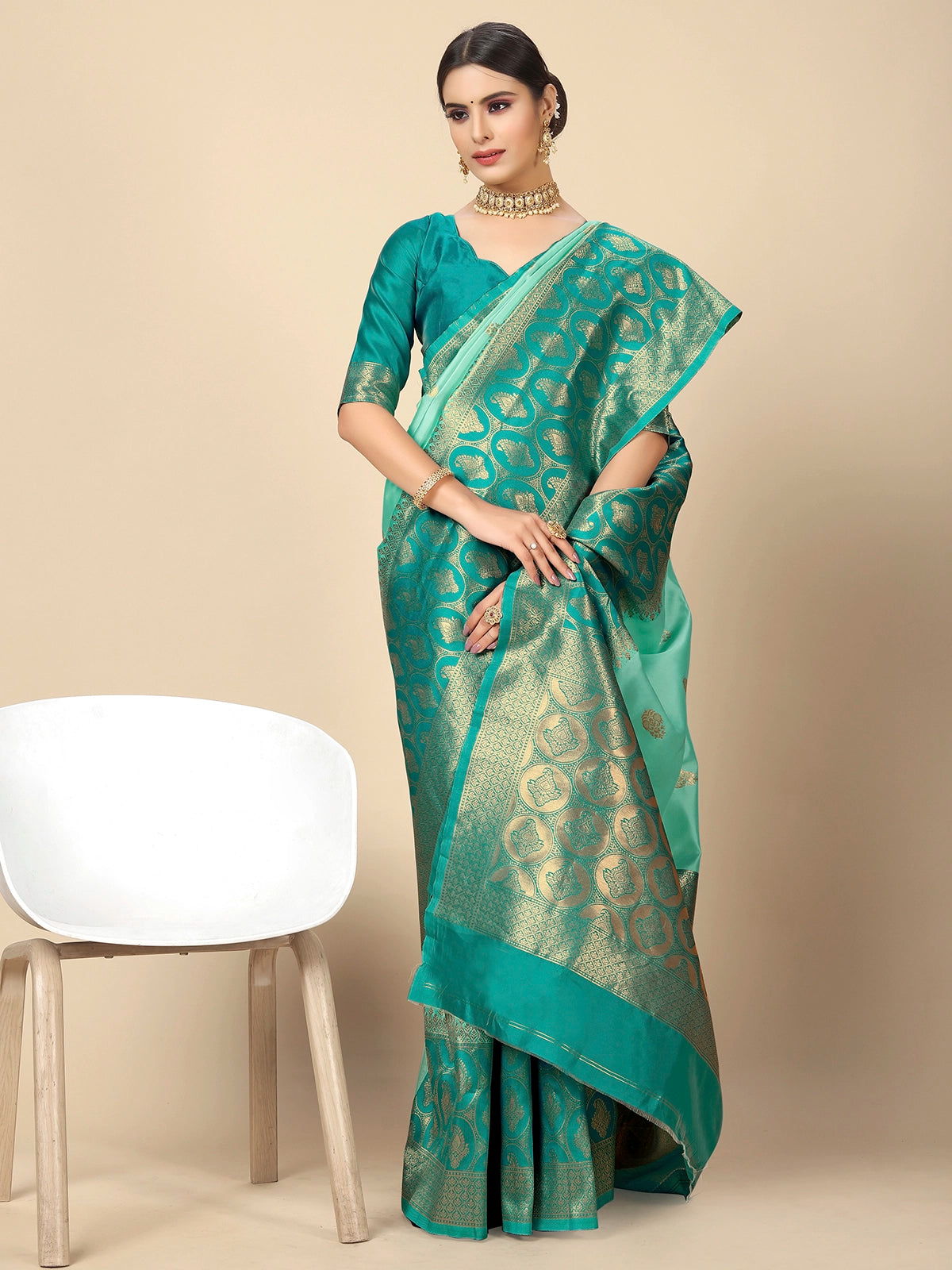 Buy Banarasi Silk Jacquard Saree With Blouse Piece-Mint Green