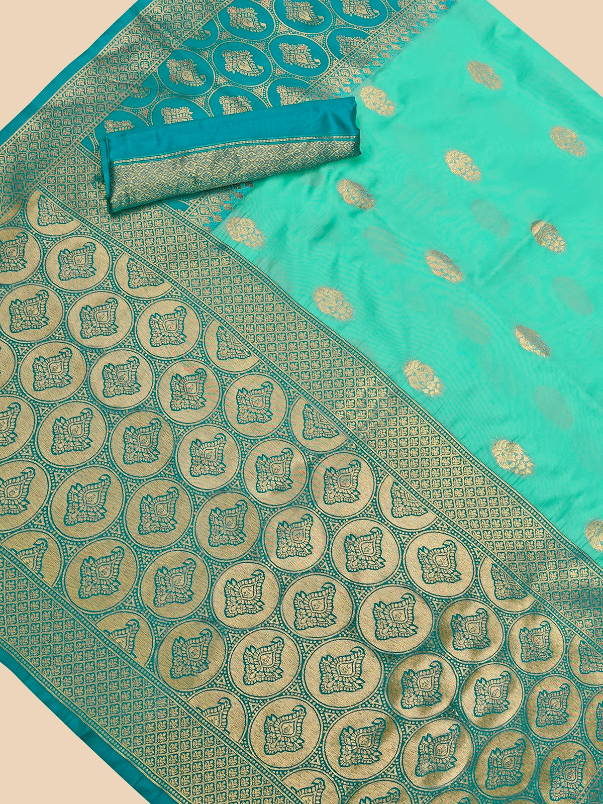 Buy Banarasi Silk Jacquard Saree With Blouse Piece-Mint Green