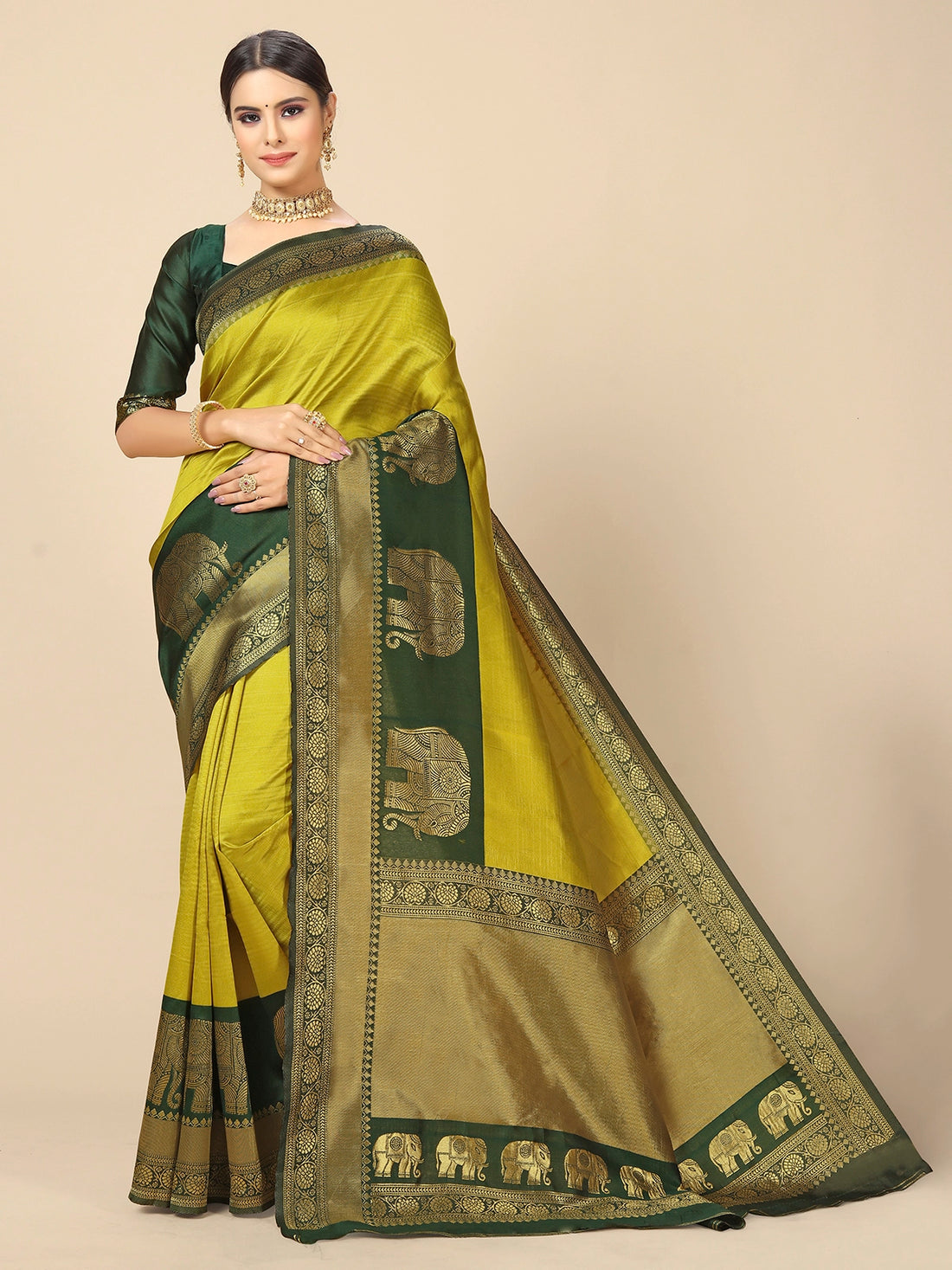 Buy Banarasi Silk Jacquard Saree With Blouse Piece-Lime Green