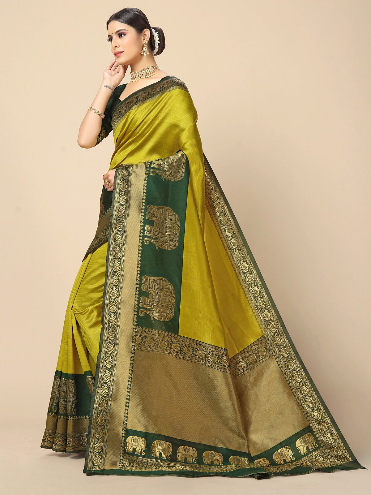 Buy Banarasi Silk Jacquard Saree With Blouse Piece-Lime Green