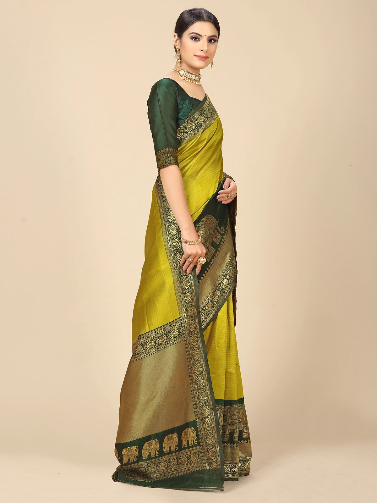 Buy Banarasi Silk Jacquard Saree With Blouse Piece-Lime Green