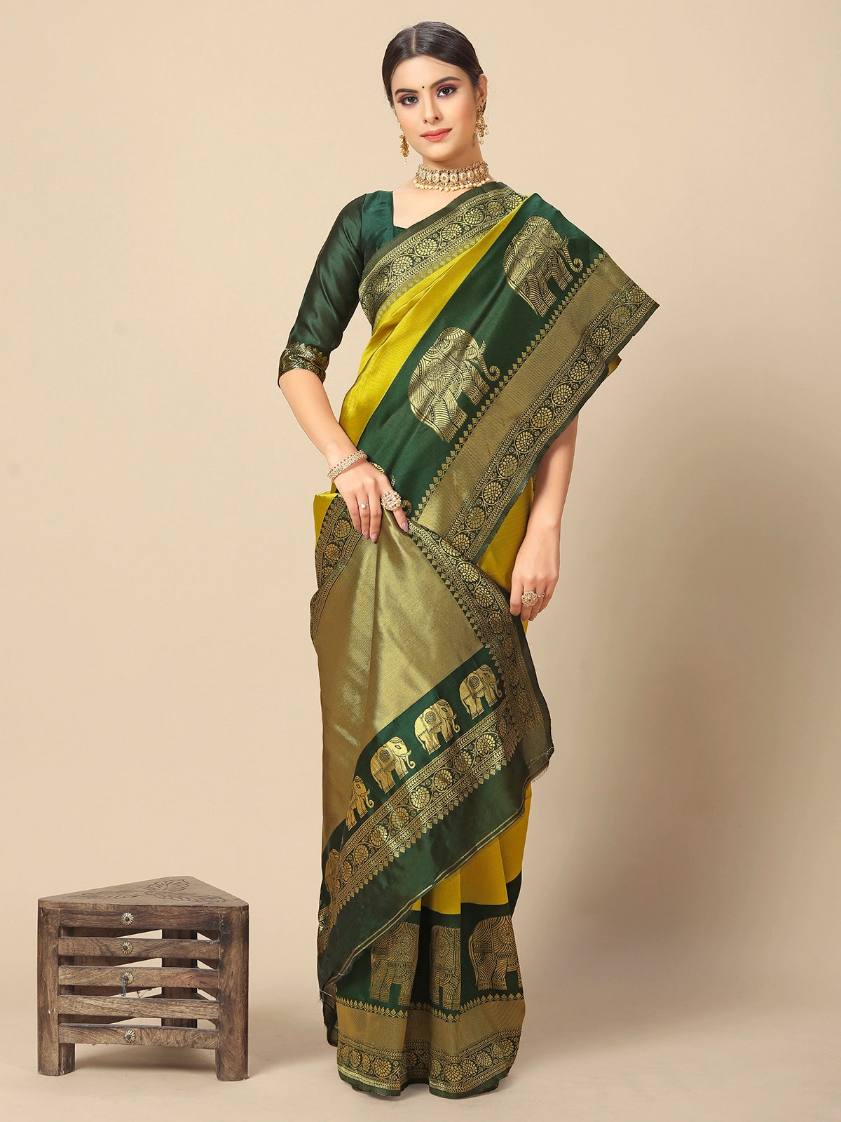 Buy Banarasi Silk Jacquard Saree With Blouse Piece-Lime Green