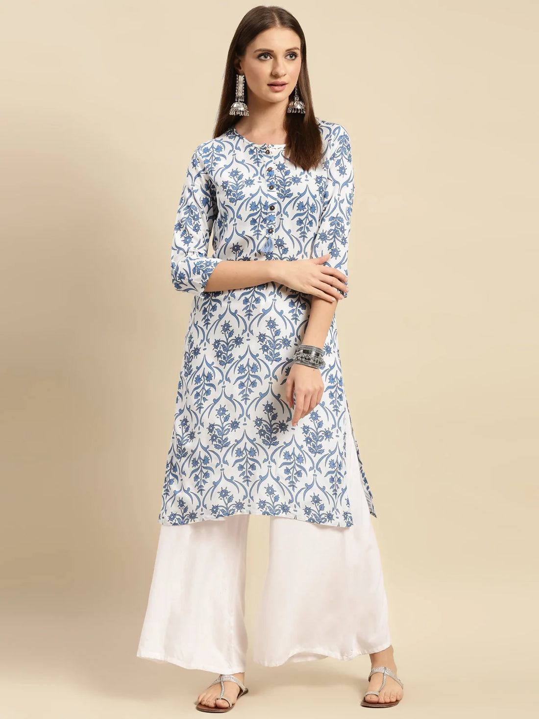 Buy Rayon Floral Printed Calf Length Straight Kurta-White