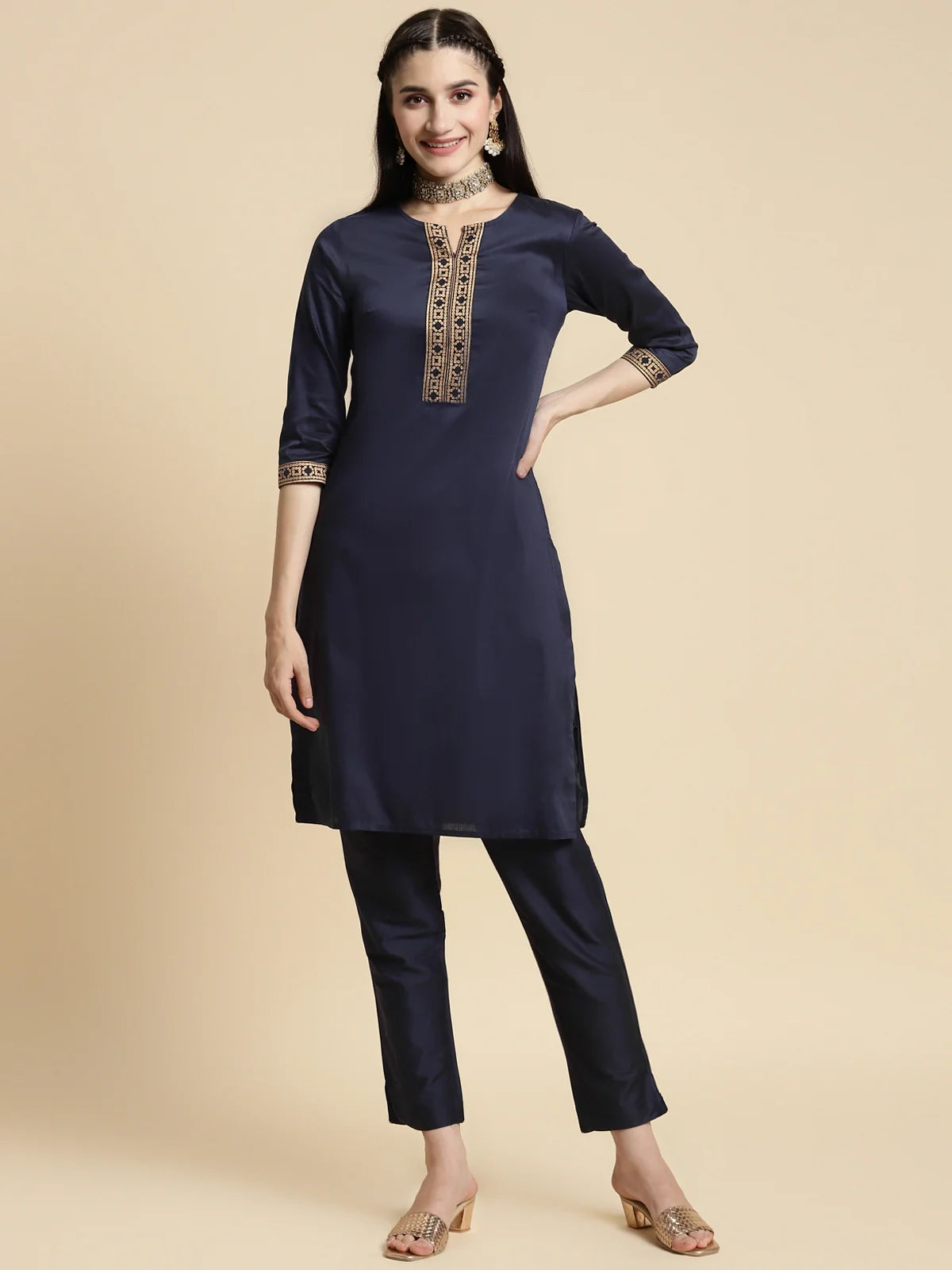 Buy Gold Printed Placket Knee Length Straight Kurta-Navy Blue