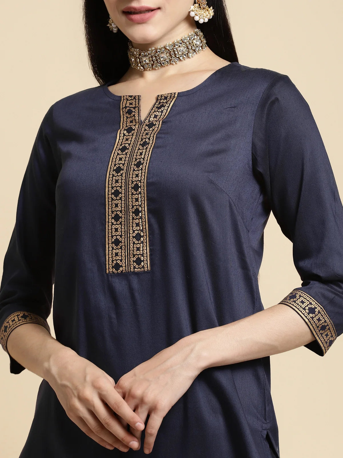 Buy Gold Printed Placket Knee Length Straight Kurta-Navy Blue