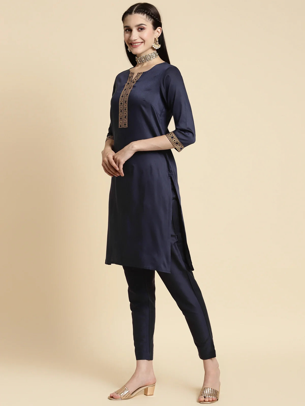 Buy Gold Printed Placket Knee Length Straight Kurta-Navy Blue