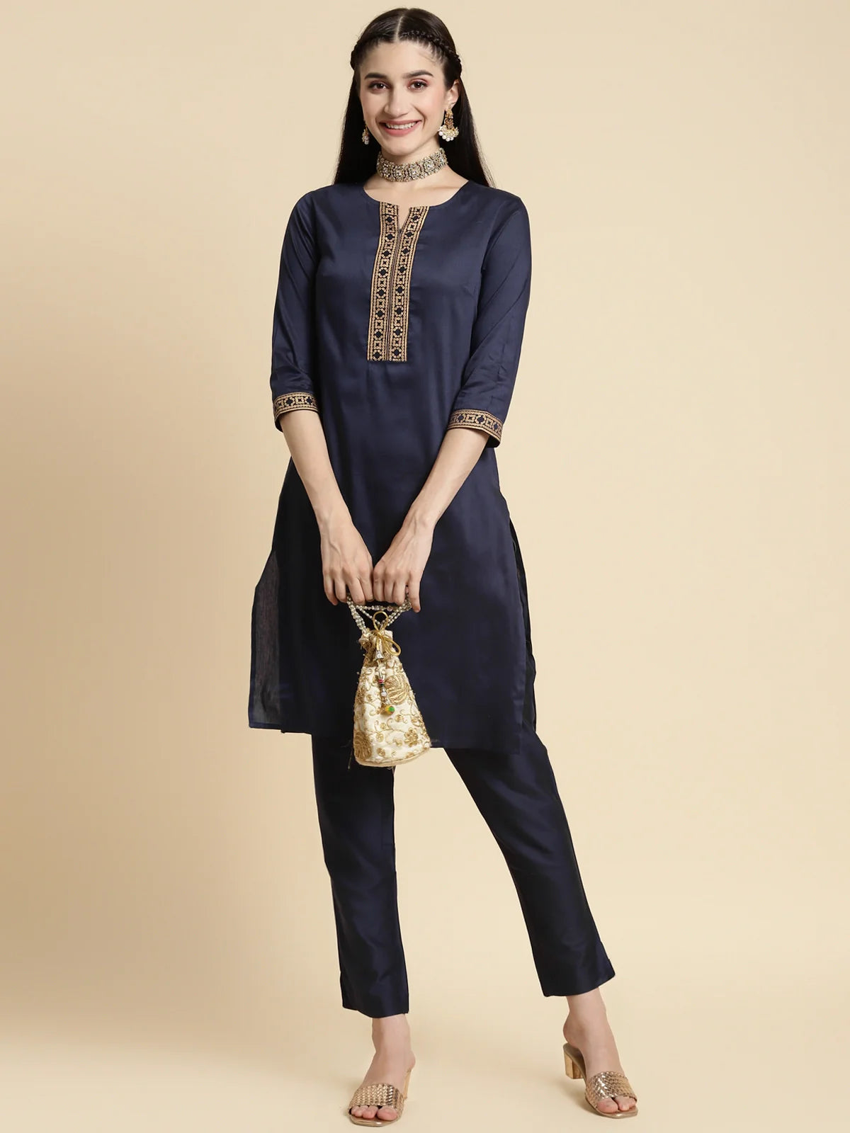 Buy Gold Printed Placket Knee Length Straight Kurta-Navy Blue