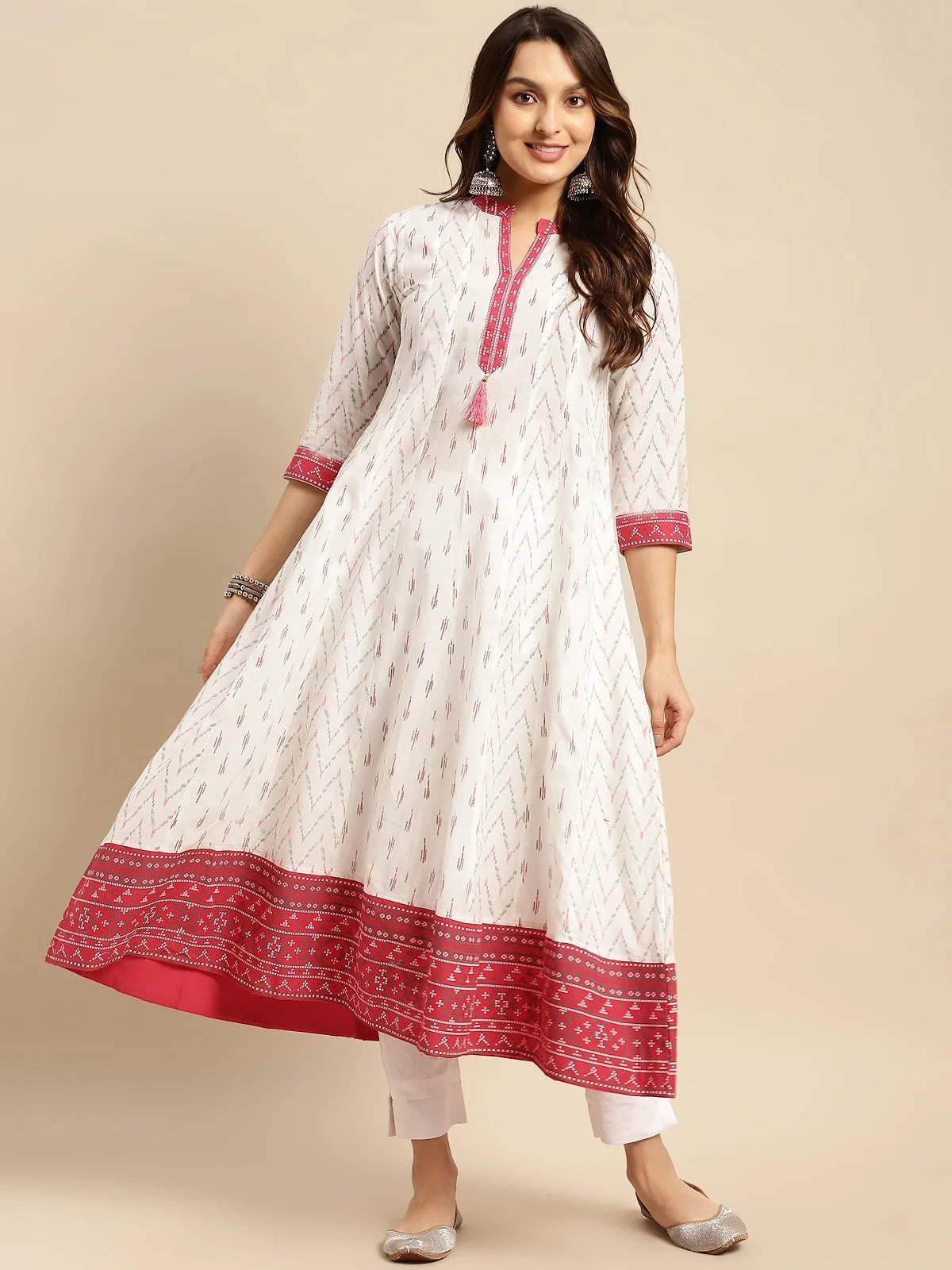 Buy 100% Cotton Contrast Placket Ikat Printed Calf Length Anarkali Kurta-Off White