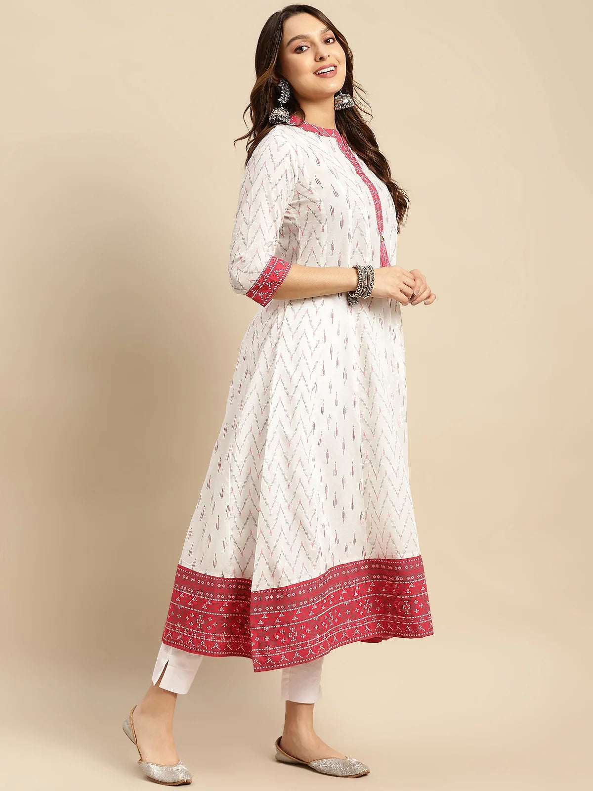 Buy 100% Cotton Contrast Placket Ikat Printed Calf Length Anarkali Kurta-Off White