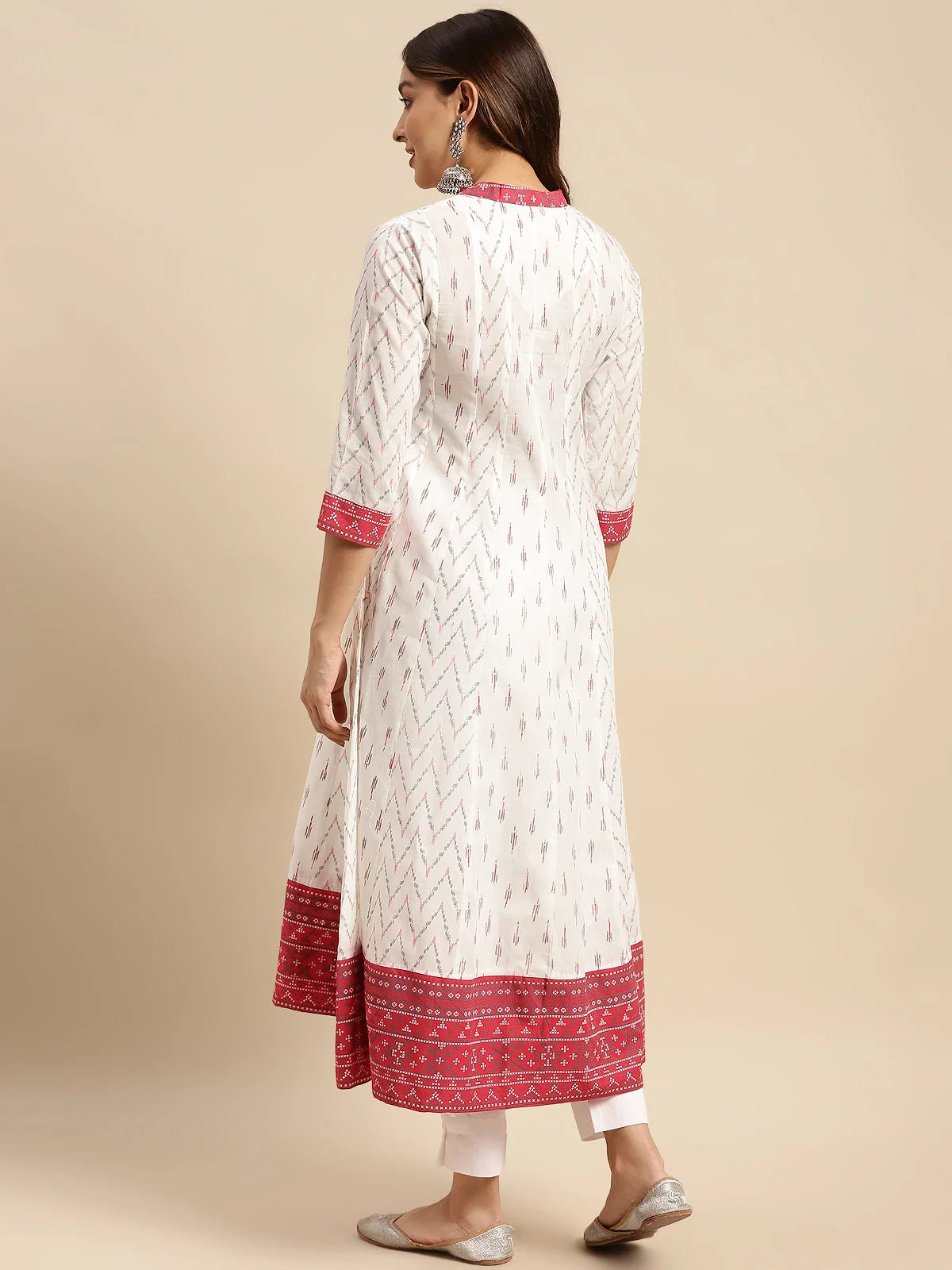 Buy 100% Cotton Contrast Placket Ikat Printed Calf Length Anarkali Kurta-Off White