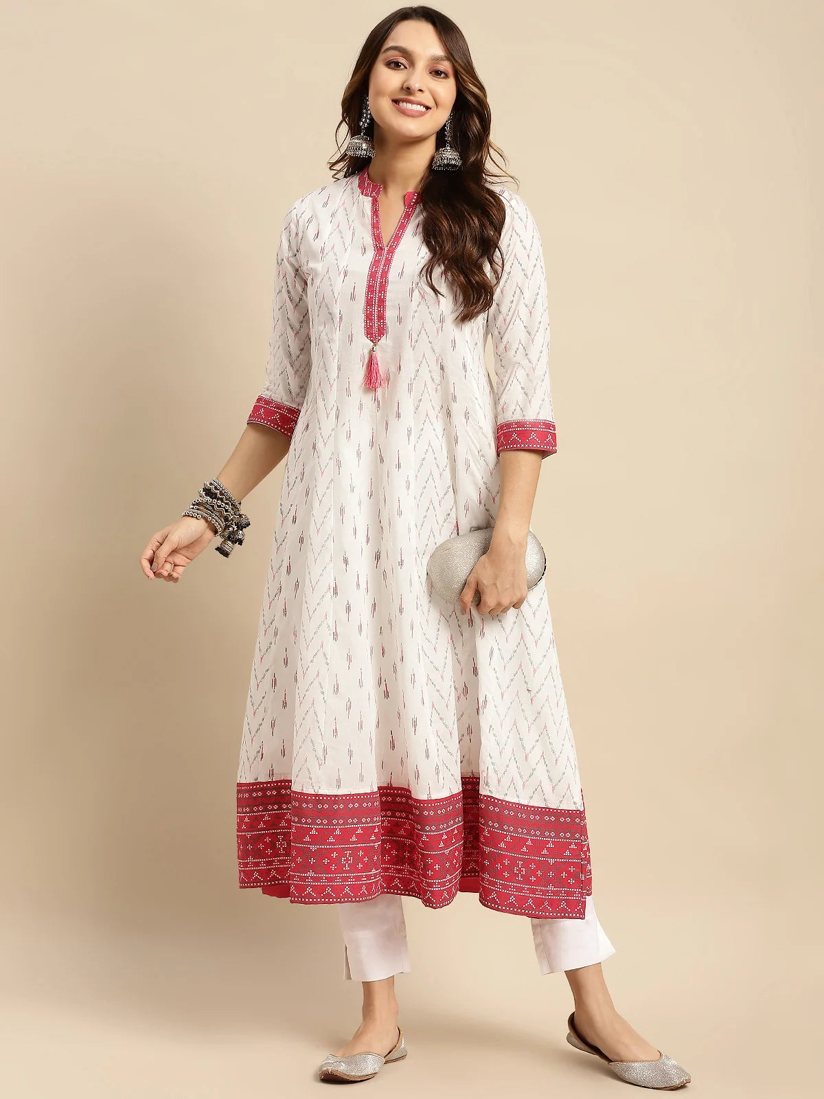 Buy 100% Cotton Contrast Placket Ikat Printed Calf Length Anarkali Kurta-Off White