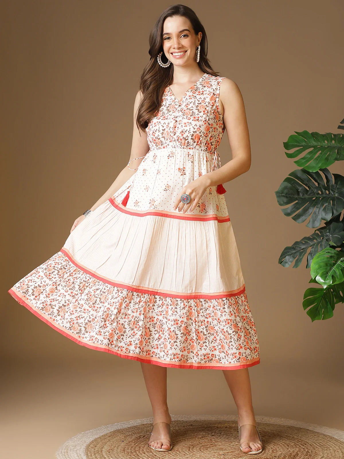 Buy Cotton Printed Flared Calf Length Ethnic Dress-Peach