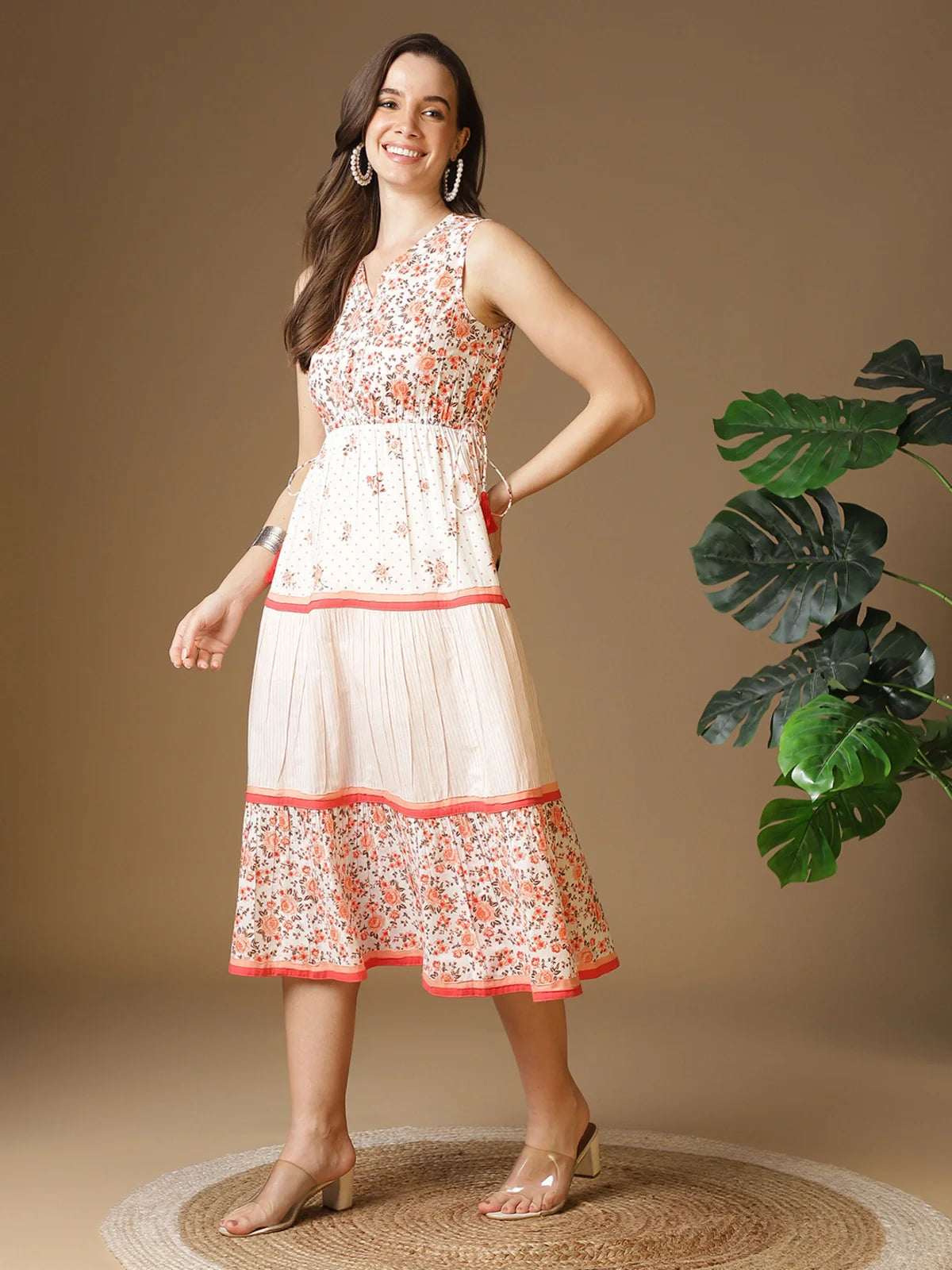 Buy Cotton Printed Flared Calf Length Ethnic Dress-Peach