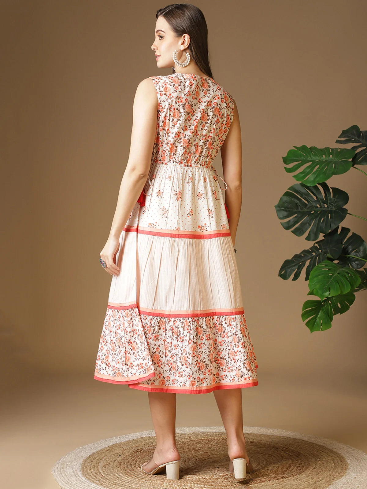 Buy Cotton Printed Flared Calf Length Ethnic Dress-Peach