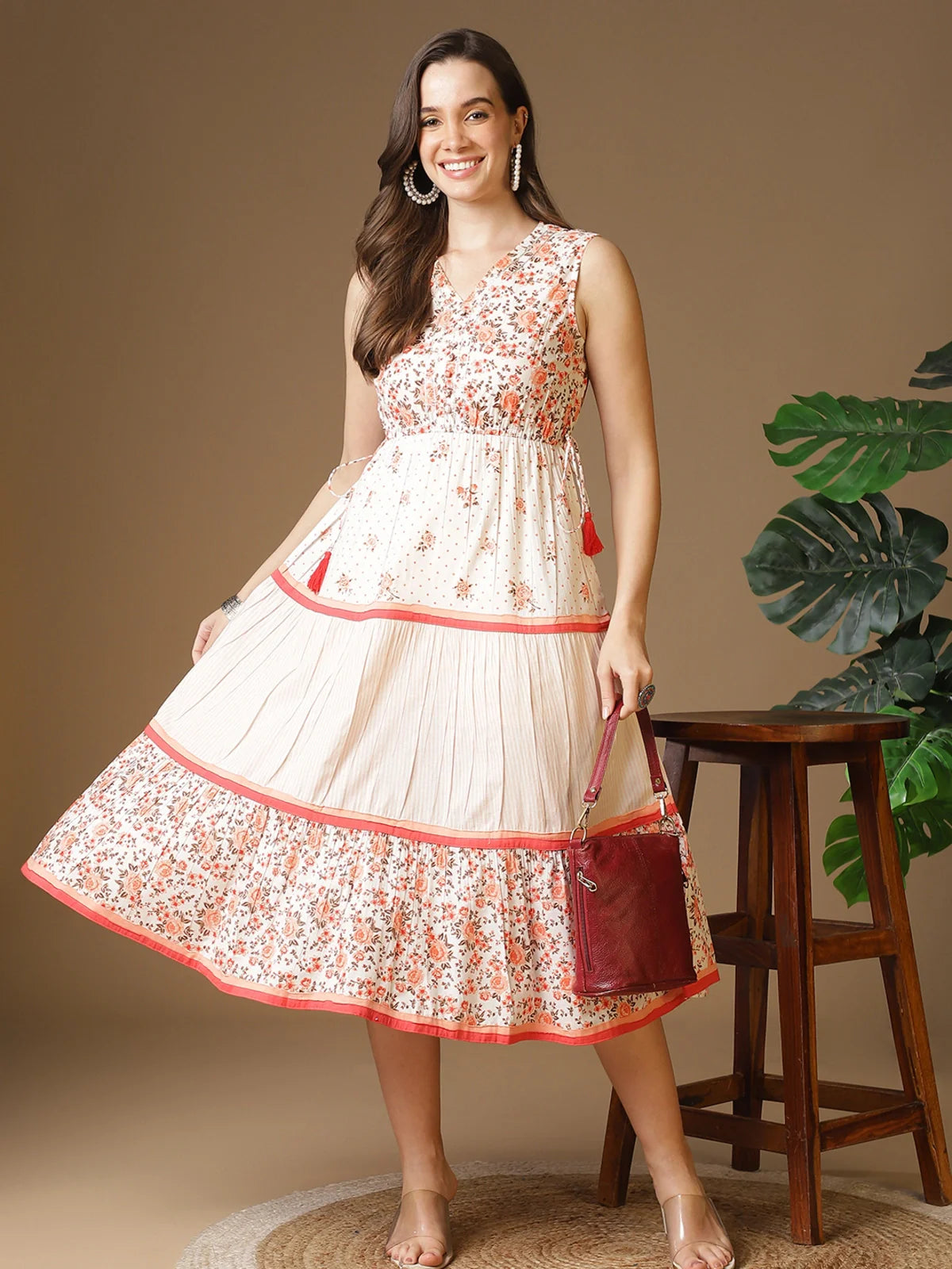 Buy Cotton Printed Flared Calf Length Ethnic Dress-Peach