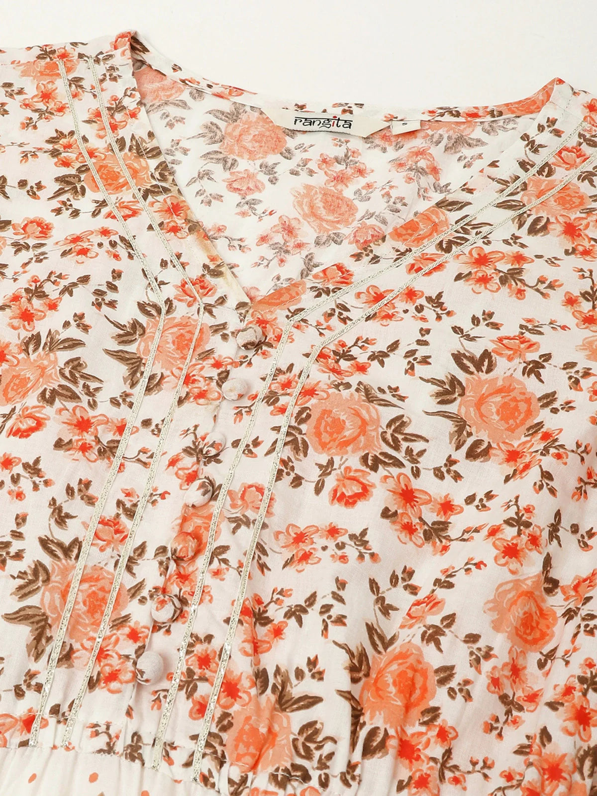 Buy Cotton Printed Flared Calf Length Ethnic Dress-Peach