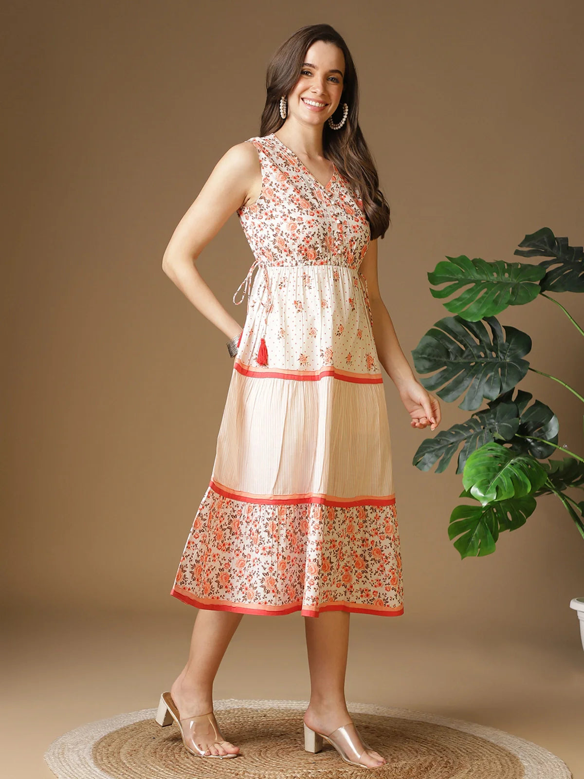 Buy Cotton Printed Flared Calf Length Ethnic Dress-Peach