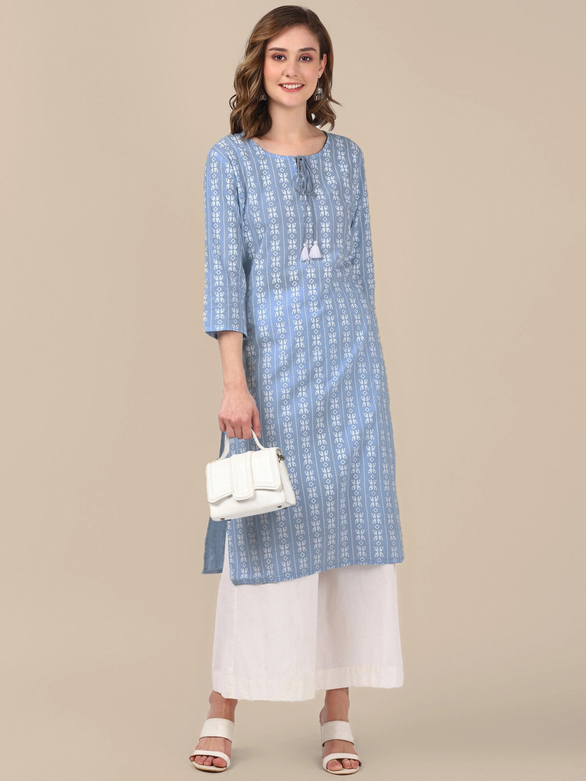 Buy 100% Cotton All Over Ethnic Printed Knee Length Straight Kurta-Light Blue