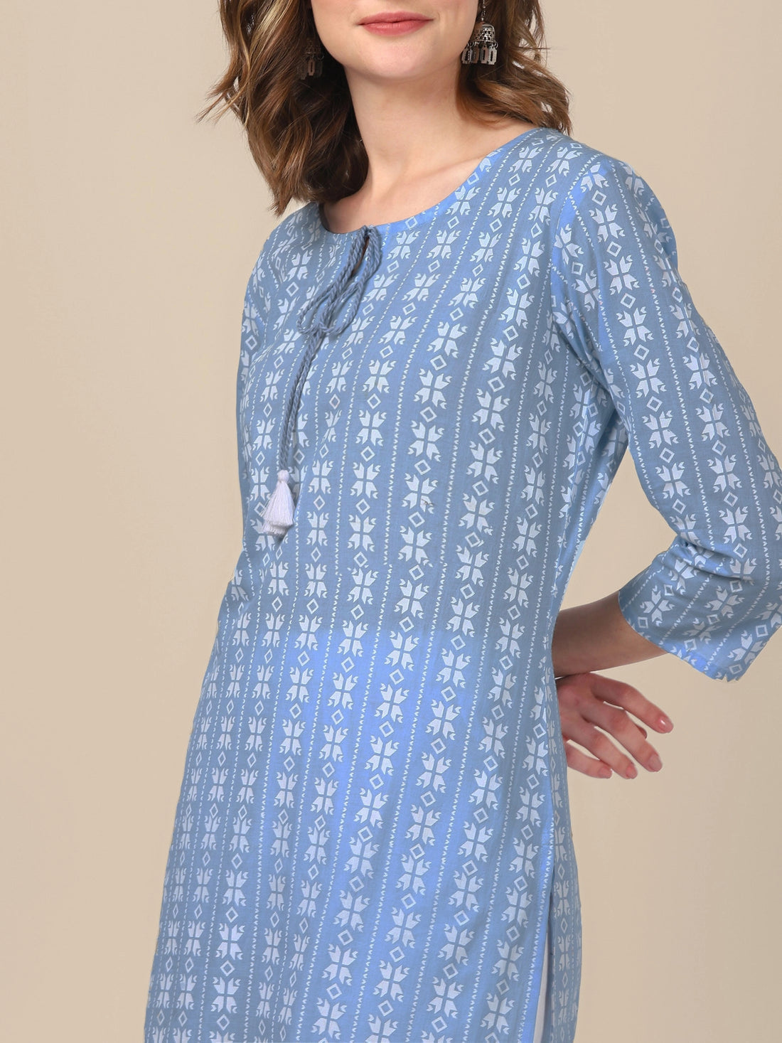 Buy 100% Cotton All Over Ethnic Printed Knee Length Straight Kurta-Light Blue