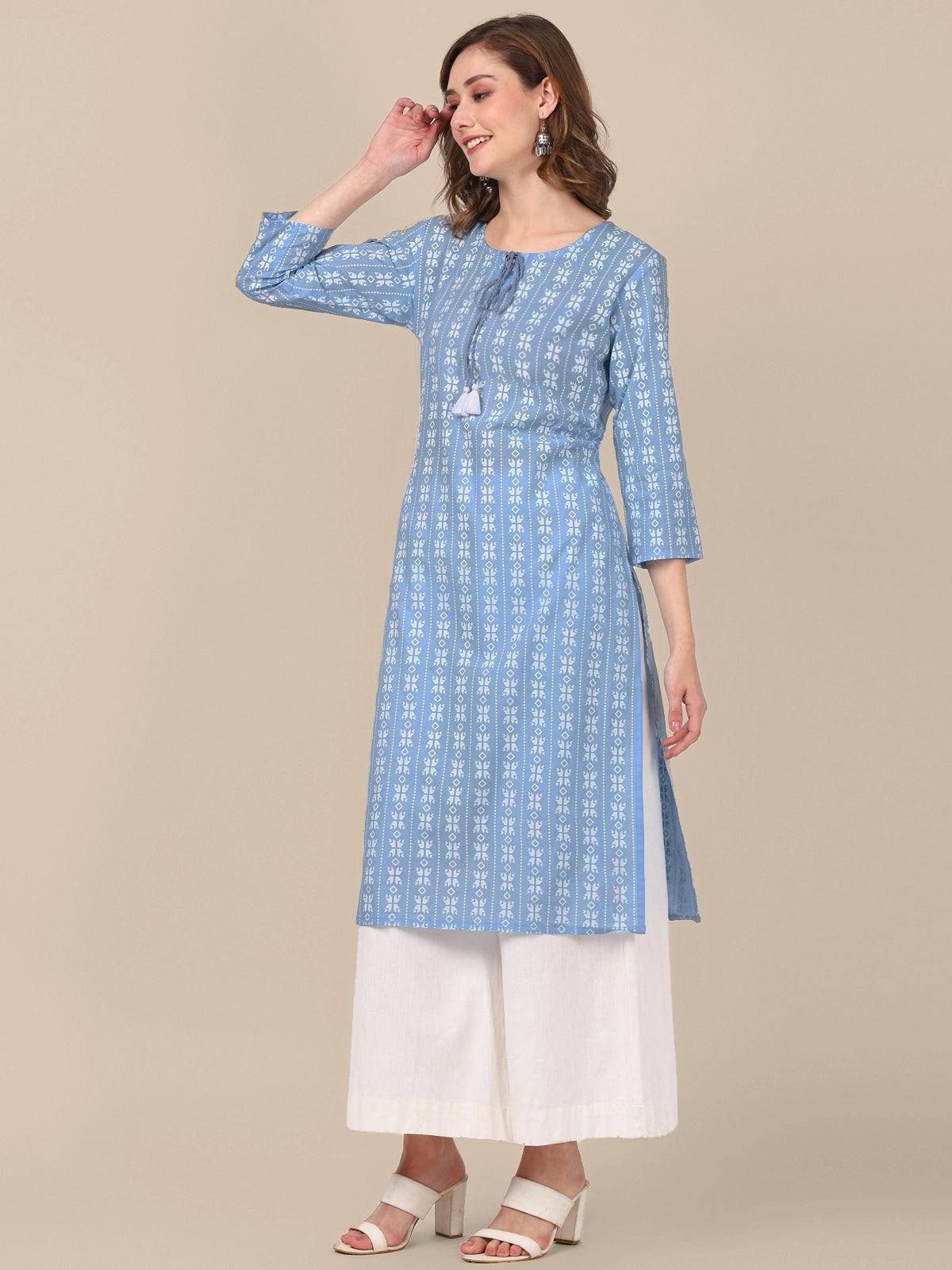 Buy 100% Cotton All Over Ethnic Printed Knee Length Straight Kurta-Light Blue